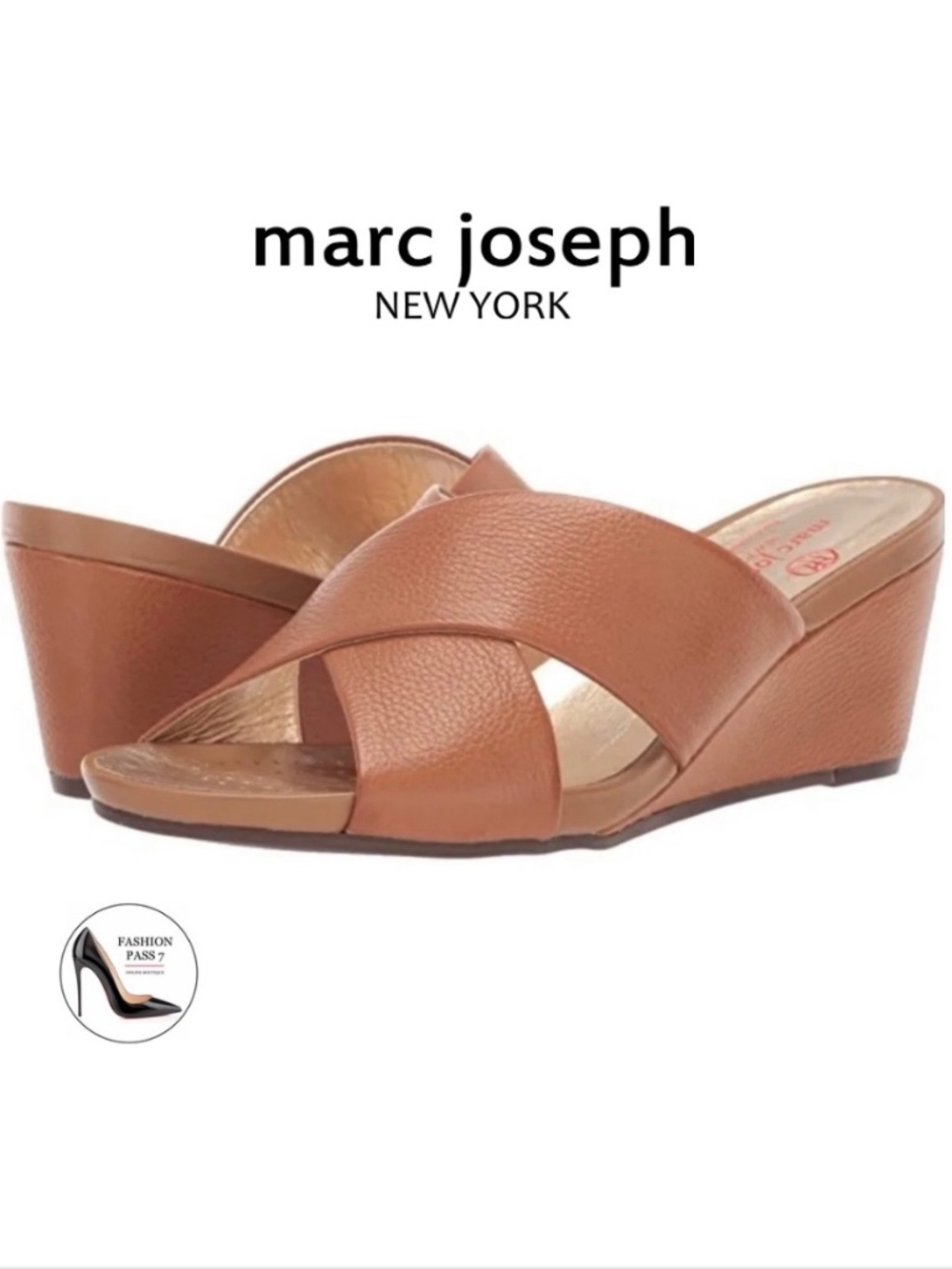 Marc Joseph Tan Brown Leather Wedge Slip On Mule Open toe Heeled Beach Sansals 9